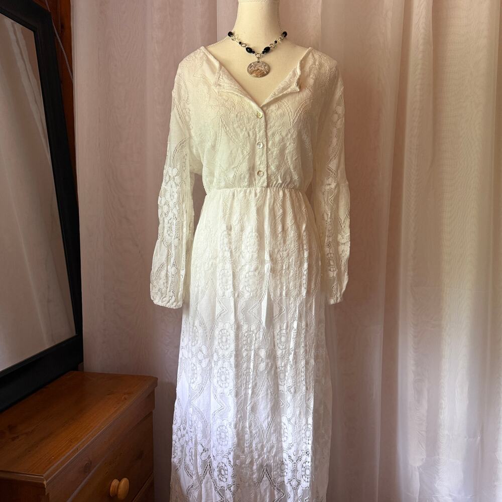 Vasna White Lace Overlay Maxi Dress Sz Large Romantic Boho Bridal Made in Italy
